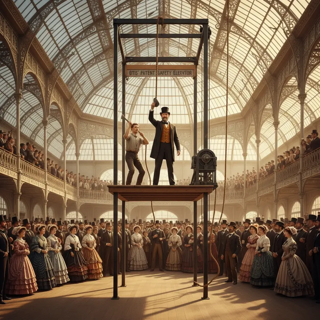 Elişa Otis'in 1854 yılında asansör halatını kestiği tarihi sahne.